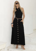 Black Denim Maxi Skirt Gold Buttons