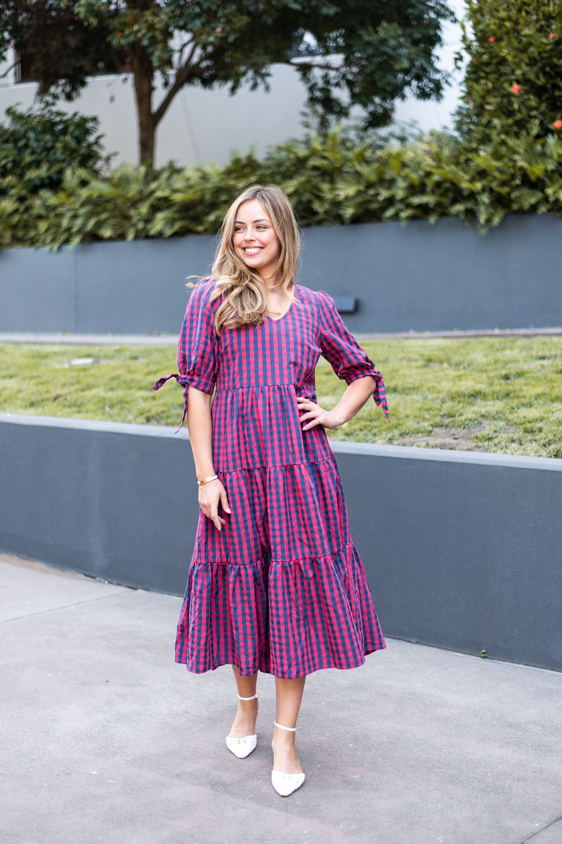 GINGHAM NAVY AND RED MAXI DRESS