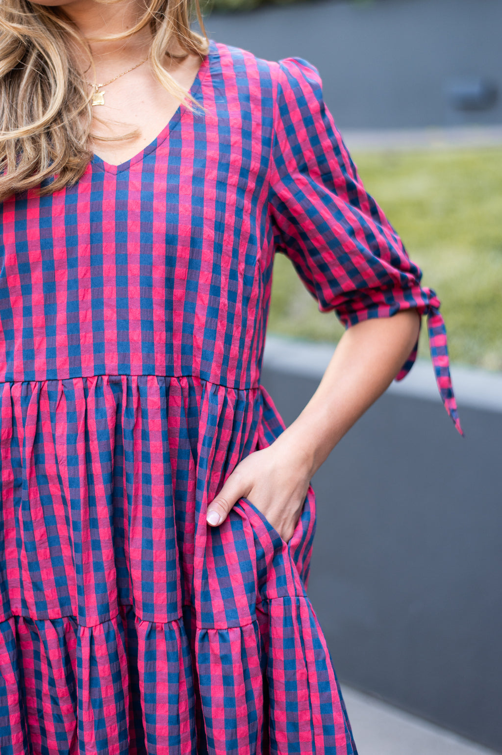 GINGHAM NAVY AND RED MAXI DRESS