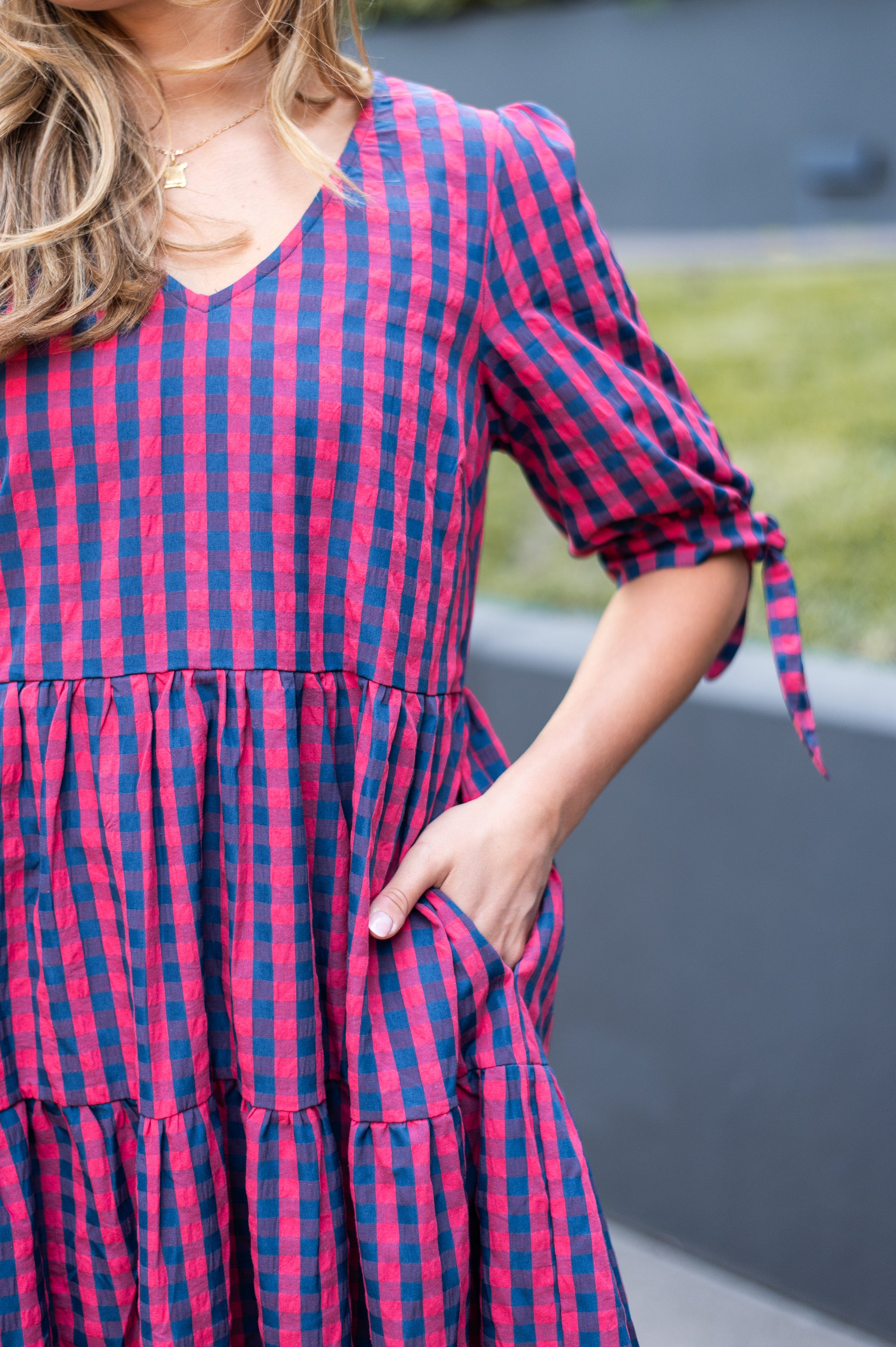GINGHAM NAVY AND RED MAXI DRESS
