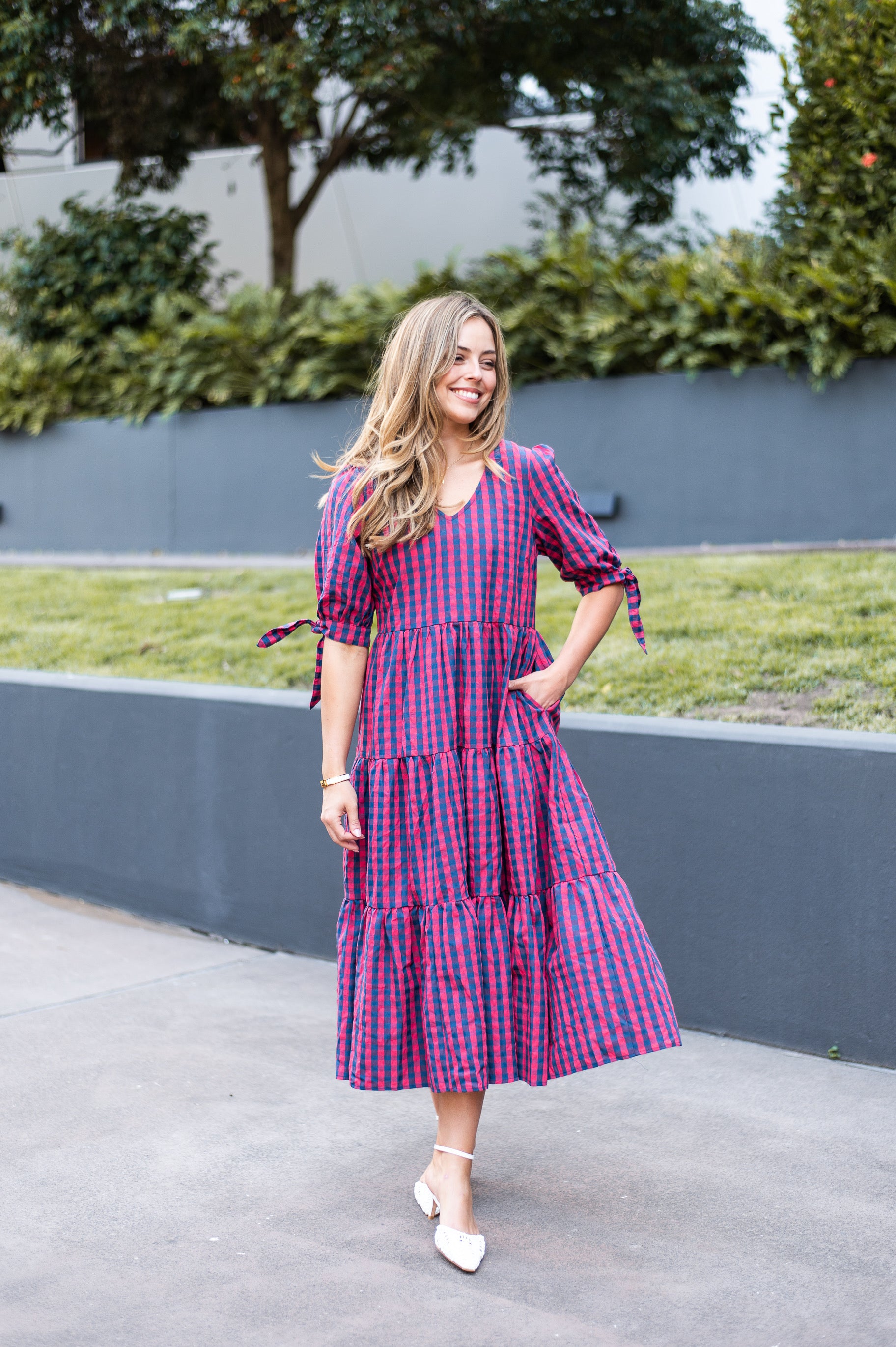 GINGHAM NAVY AND RED MAXI DRESS