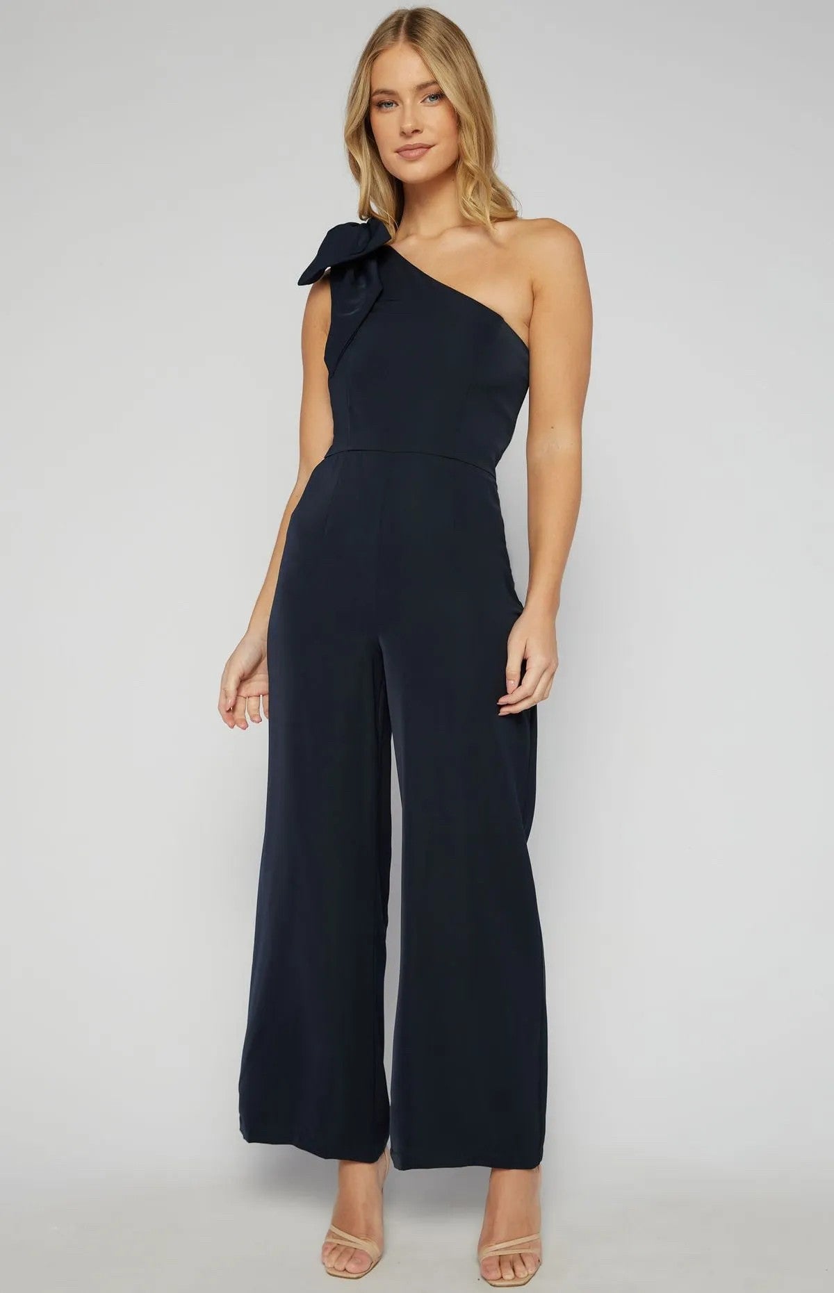 NAVY ONE SHOULDER JUMPSUIT WITH LARGE BOW