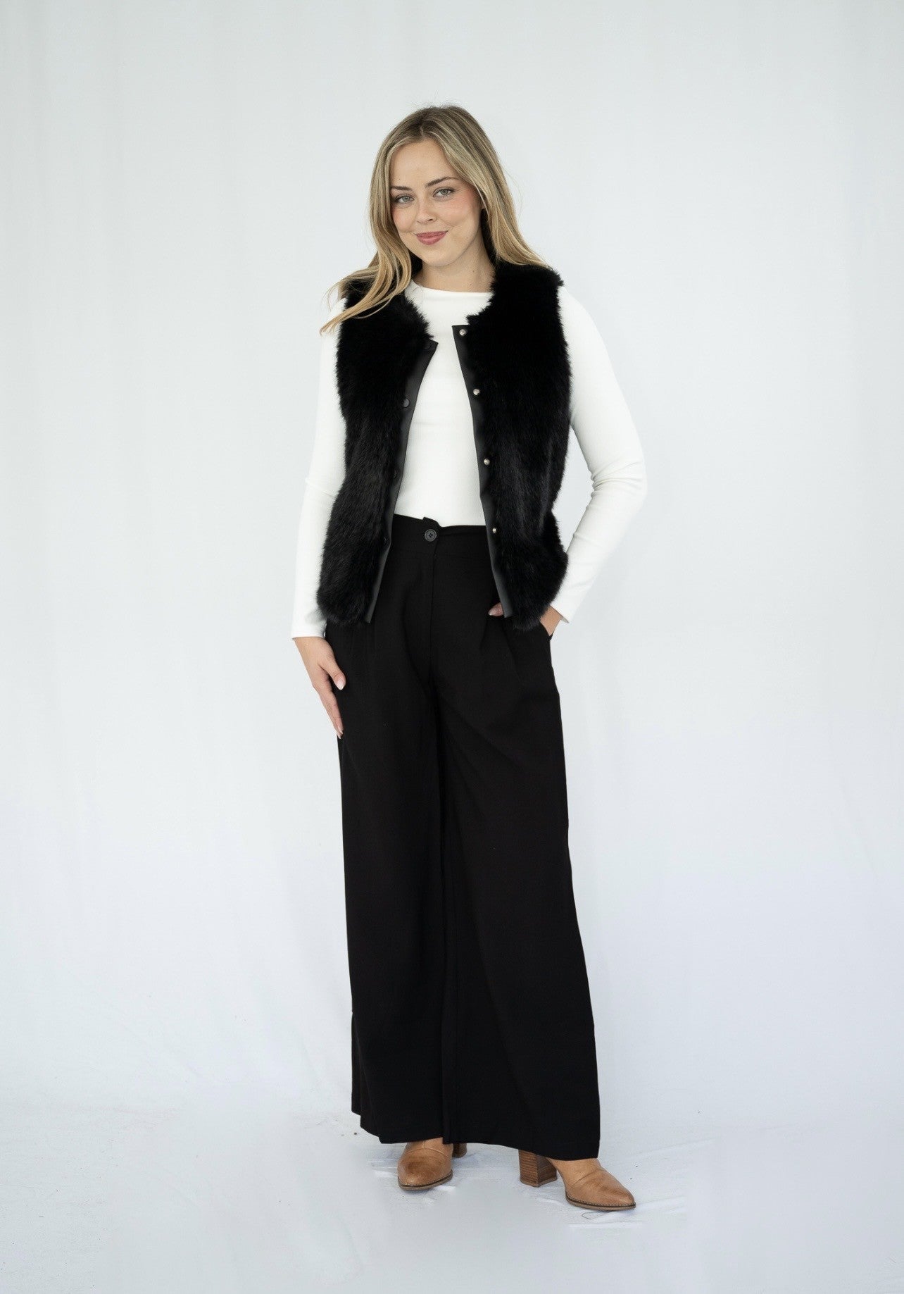 BLACK FAUX FUR VEAT WITH FAUX LEATHER TRIM